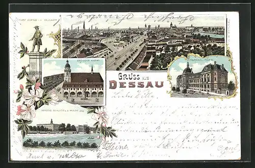 Lithographie Dessau, Grosser Markt, Erbprinzl. Palais, Herzogl. Schloss