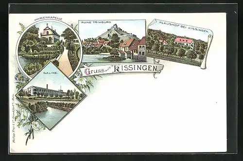 Lithographie Kissingen, Saline, Ruine Trimburg, Klaushof