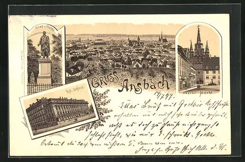 Lithographie Ansbach, Kgl. Schloss, Oberer Markt, Totalansicht