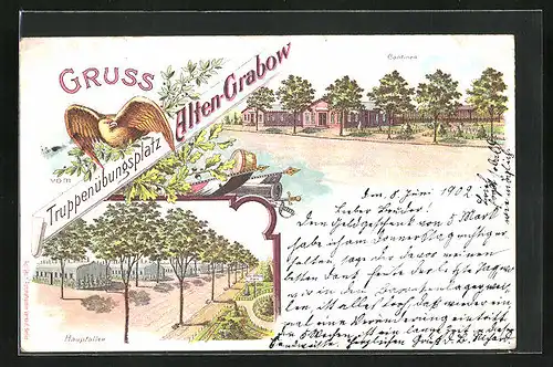 Lithographie Alten-Grabow, Truppenübungsplatz, Cantinen, Hauptallee