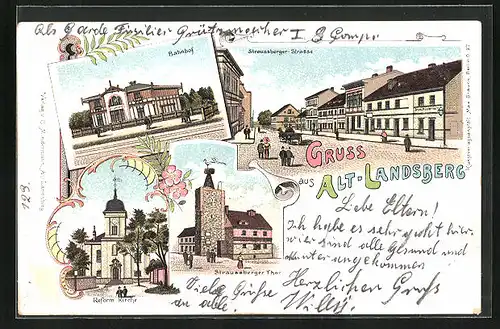 Lithographie Alt-Landsberg, Straussberger-Strasse, Bahnhof, Straussberger Thor