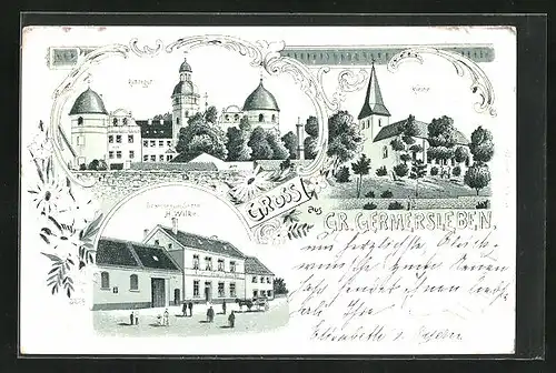 Lithographie Gr. Germersleben, Gasthof z. Stern, Kirche, Rittergut