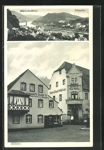 AK Pötzscha, Schmuck`s Hotel, Hotel Stadt Wehlen, Blick ins Elbetal