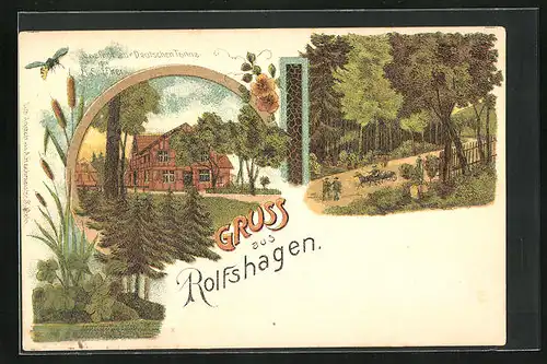 Lithographie Rolfshagen, Gasthof zur Deutschen Tanne, Waldpartie mit Pferdewgen