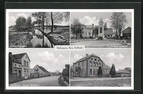 AK Rehagen /Krs. Teltow, Kaufmann Gustav Wolter, Kriegerdenkmal, schule