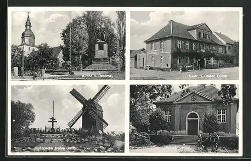 AK Dennewitz b. Jüterbog, Gasthaus zum Grafen Bülow, Kirche und Denkmal, Historische Mühle 1813