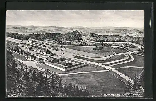 Künstler-AK Nürburg, Start- und Zielplatz des Nürburgring aus der Vogelschau