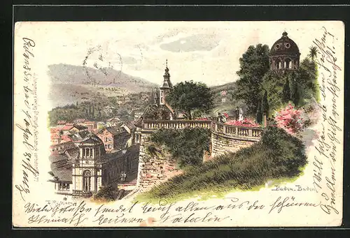 Lithographie Baden Baden, Ortspartie
