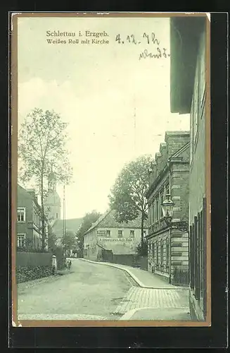 AK Schlettau i. Erzgeb., Gasthaus Weisses Ross mit Kirche