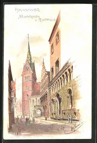 Künstler-AK Otto Hammel: Hannover, Marktkirche und Rathaus