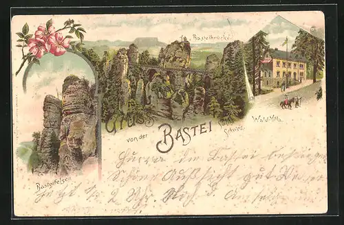 Lithographie Bastei /Sächs. Schweiz, Wald-Villa, Basteibrücke, Basteifelsen