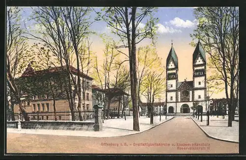 AK Offenburg i. B., Dreifaltigkeitskirche und Knabenvolksschule Reservelazarett II