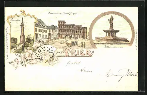 Lithographie Trier, Gasthaus Domschänke Porta Nigra, Mariensäule, Balduinsbrunnen