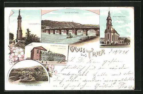 Lithographie Trier, Paulinskirche, Moselbrücke, Mariensäule