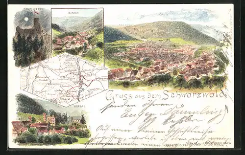 Lithographie Schwarzwald, Zavalstein bei Mondschein, Hirsau, Landkarte mit Würzbach, Wildbad & Schmieh