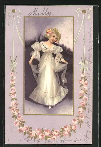 Präge-AK Maid im feinen Kleid, Jugendstil