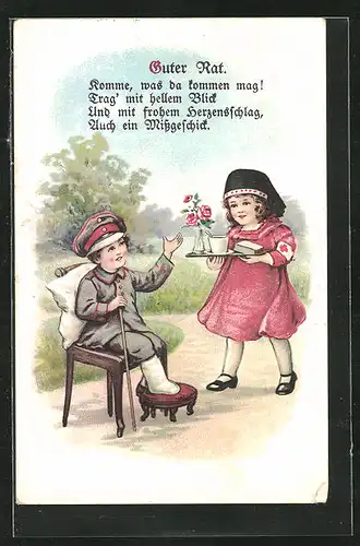 Künstler-AK Guter Rat, Rotkreuz Maid umsorgt den Kriegsversehrten