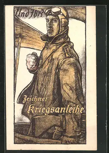 Künstler-AK Zeichnet Kriegsanleihe, Bordschütze eines Doppeldeckerflugzeuges