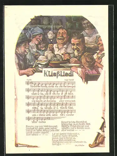Künstler-AK Kliesslied!, alle schlagen zu beim Essen