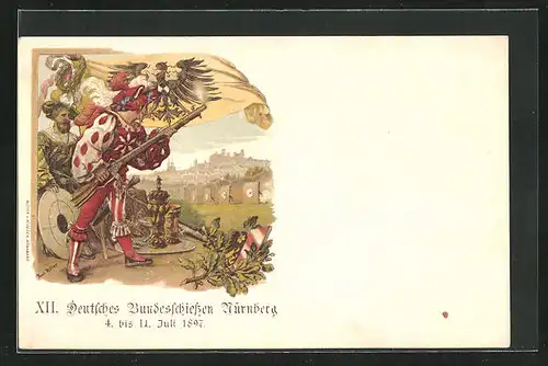 Künstler-AK Nürnberg, XII. Deutsches Bundesschiessen 1897, Schütze mit Gewehr, Ganzsache