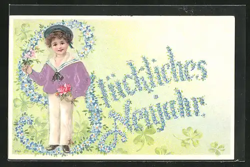 Präge-AK Kleiner Junge im Matrosenhemd mit Blume, Neujahrsgruss