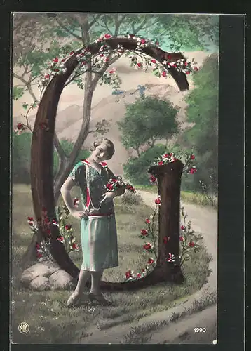 AK Der Buchstabe G, Maid mit Blumen
