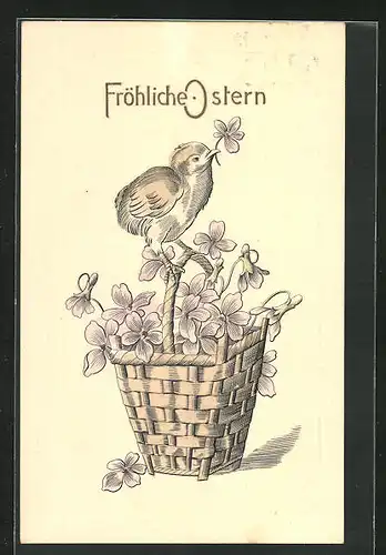 Künstler-AK Ostergruss, Osterküken mit Blume im Schnabel