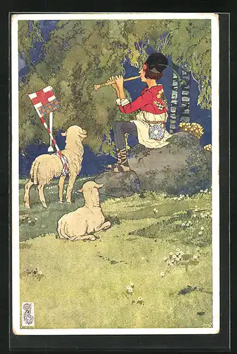 AK Ostergruss mit Flötenspieler und Schafen