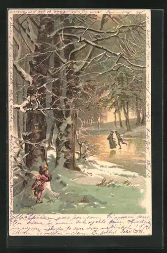 Künstler-AK E. Döcker: Amor beobachtet Liebespaar auf dem Eis