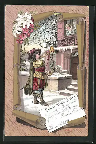 Lithographie Trompeter von Säckingen spielt für die holde Maid, Behüt Dich Gott!