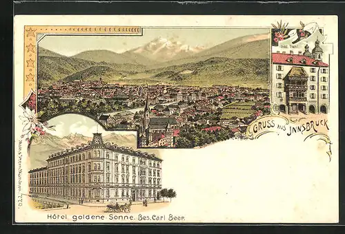 Lithographie Innsbruck, Hotel goldene Sonne, Ortsansicht