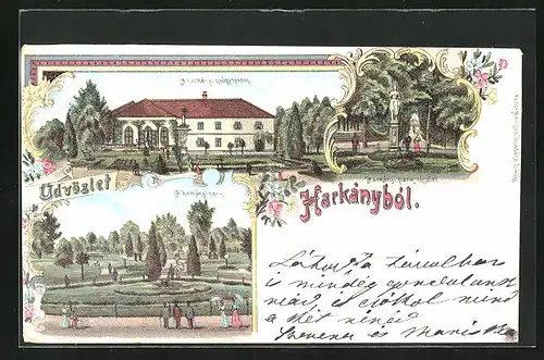 Lithographie Harkany, A harkanyi gyogyterem, Harkanyi park reszlet, A harkanyi park