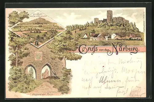 Lithographie Nürburg, Ruine der Nürburg, Hohe Acht
