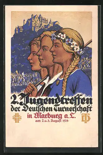 Künstler-AK Marburg a. L., 2. Jugendtreffen der deutschen Turnerschaft 1924, Bekränztes blondes Mädchen