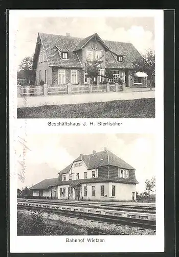 AK Wietzen, Bahnhof von der Gleisseite, Geschäftshaus J. H. Bierfischer