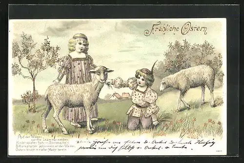 Präge-AK Kinder mit Lämmern auf einer Wiese, Ostergruss