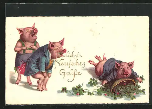 AK Schwein mit Klee im Korb ist hingefallen, Neujahrsgruss, vermenschlichte Tiere