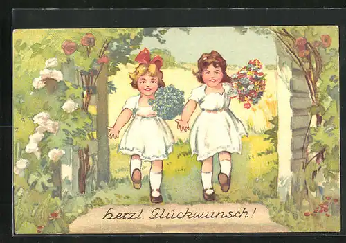 AK Zwei Mädchen im weissen Kleid mit Blumenstrauss, Glückwunsch