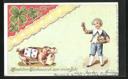 AK Junge und Schwein mit Brief und Geldsack, Neujahrsgruss