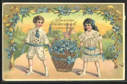 Präge-AK Junge und Mädchen mit Blumenkorb, Geburtstagsgruss