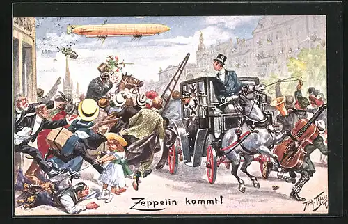 Künstler-AK Arthur Thiele: Zeppelin kommt!, Grosses Gedränge Schaulustiger, Kutsche im Chaos