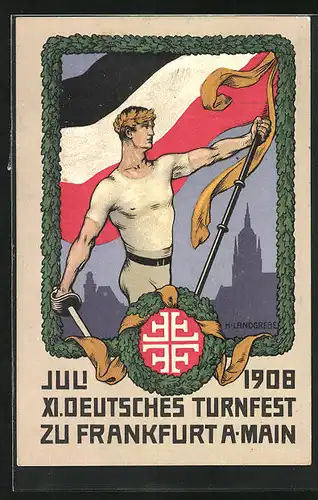 Künstler-AK Ganzsache PP27C97 /01: Frankfurt a. M., XI. Deutsches Turnfest 1908, Turner mit Säbel und Fahne