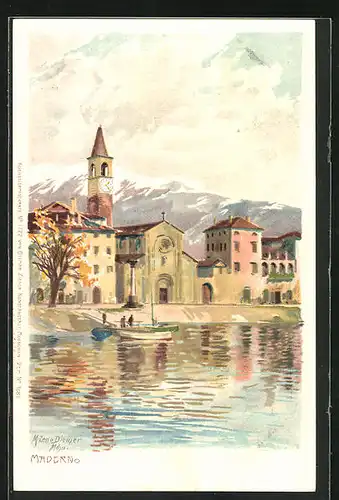 Künstler-AK Zeno Diemer: Maderno, Blick vom Wasser zur Kirche