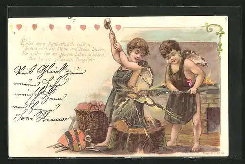 Lithographie Amor schmiedet Ringe zusammen