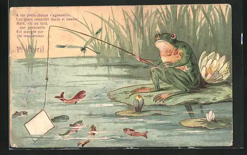 AK vermenschlichte Tiere, Frosch sitzt auf Seerose und Angelt Fische, 1 April