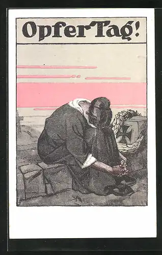 Künstler-AK Trauernde Frau am Ehrenmal, Opfertag vom Roten Kreuz 1917