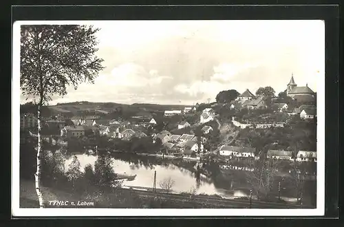 AK Tynec nad Labem, Blick über die Elbe zum Ort