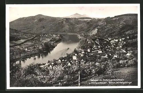 AK Salesel / Dolni Zalezly, Ortsansicht mit Dubitzer Kirchlein und Milleschauer Böhm. Mittelgebirge