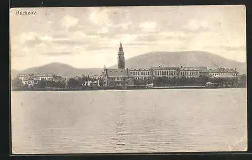 AK Dux / Duchcov, Blick über das Wasser zum Ort