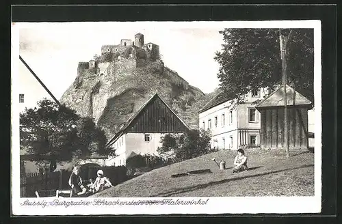 AK Aussig / Usti, Burgruine Schreckenstein vom Malerwinkel gesehen